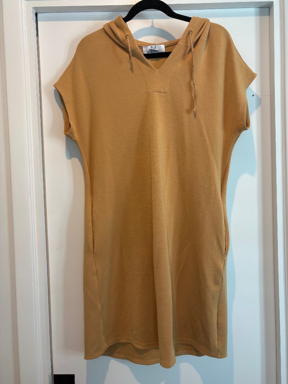 Magaschoni Modal Blend Hooded Shift Dress with Pockets Size M Pale Gold Mustard